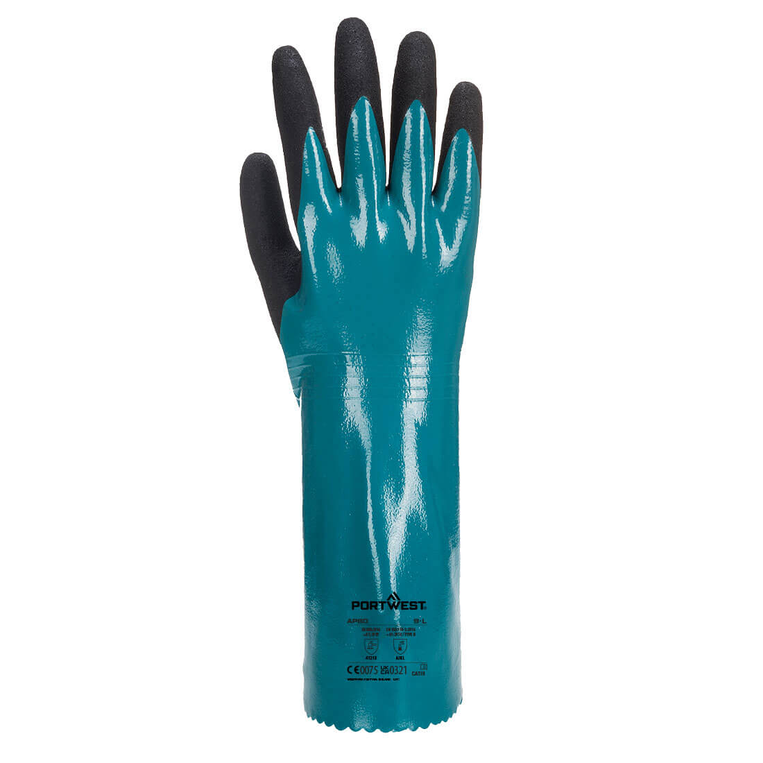 AP60 - Chem 300 Nitrile Sandy Double Dipped Gauntlet Blue/Black | Chemical Protection Product on Jaywab Solutions